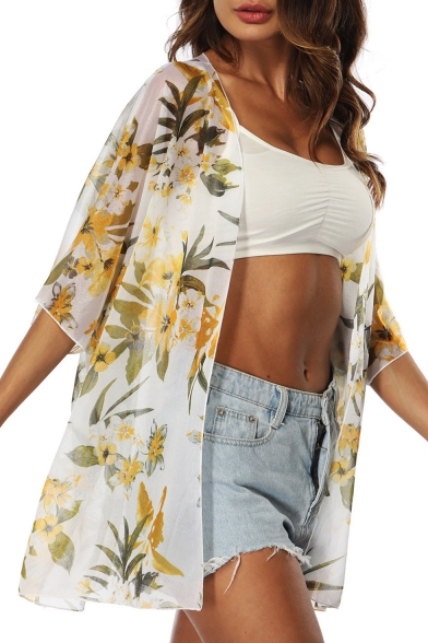Hot Trendy Sexy Womens Floral Printed Half Sleeve Chiffon Beach Sunscreen Cardigan Shirt