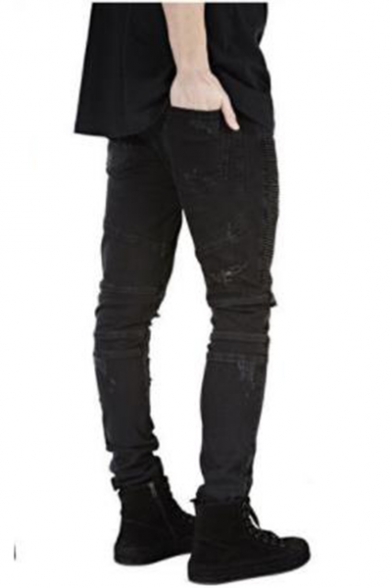 Men's Cool Fashion Solid Color Zipped Cuffs Slim Pleated Ripped Biker Jeans