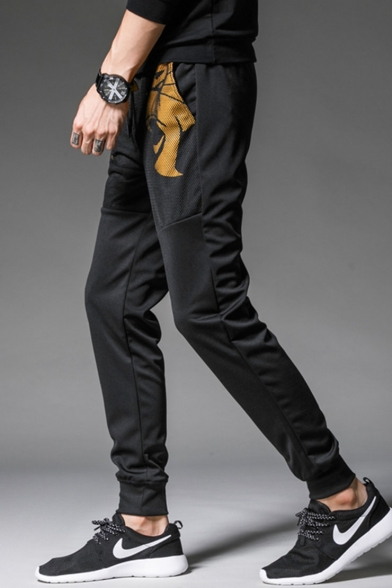 Men's Cool Fashion Tiger Skull Printed Mesh Patched Drawstring Waist Casual Sweatpants