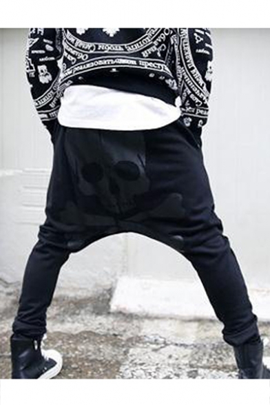 Men's Fashion Popular Skull Printed Drop-Crotch Drawstring Waist Casual Cotton Harem Pants