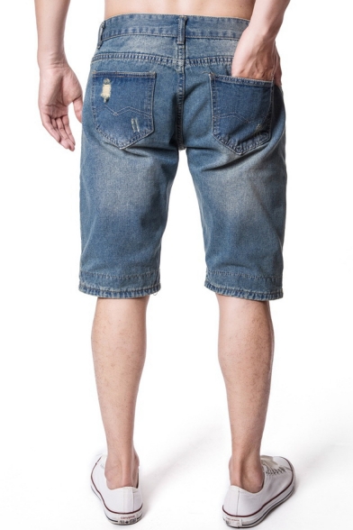 Men's Fashion Vintage Destroyed Ripped Detail Slim Fit Light Blue Denim Shorts