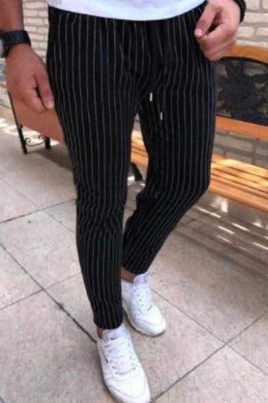 Men's Hot Fashion Stripe Pattern Drawstring Waist Casual Slim Cotton Pencil Pants