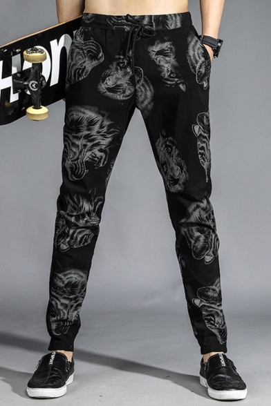 Men's New Fashion Black Cool Tiger Printed Drawstring Waist Casual Cotton Sweatpants