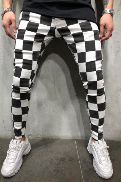 Men's New Fashion Colorblocked Plaid Pattern Black and White Skinny Pencil Pants