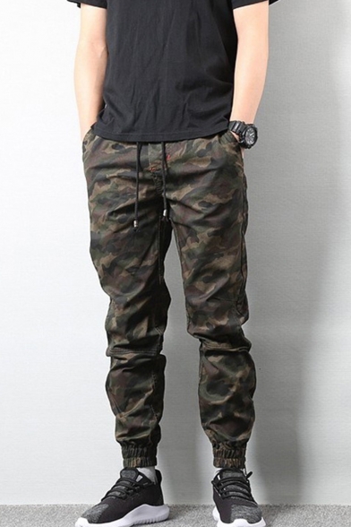 Men's New Fashion Cool Camouflage Printed Drawstring Waist Elastic Cuffs Dark Green Cotton Casual Track Pants