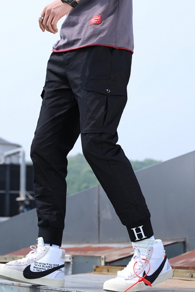 Men's New Fashion Letter H Printed Elastic Cuffs Casual Loose Cotton Cargo Pants with Side Pockets