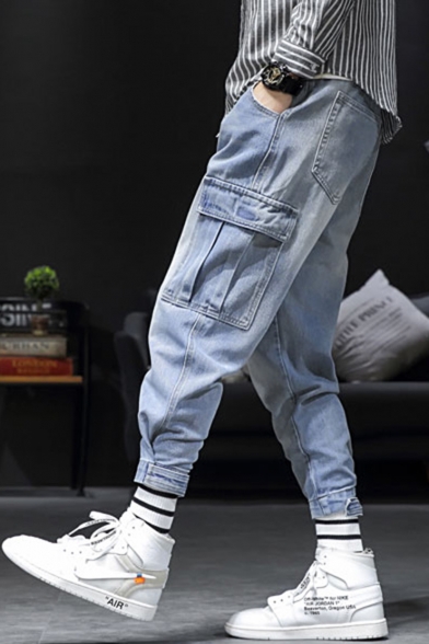 Men's New Fashion Light Blue Flap Pocket Side Loose Fit Casual Tapered Jeans