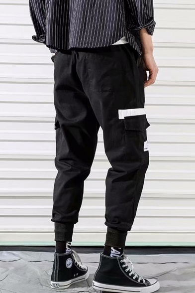 Men's New Fashion Logo Patchwork Flap Pocket Side Drawstring Waist Elastic Cuffs Leisure Cargo Pants