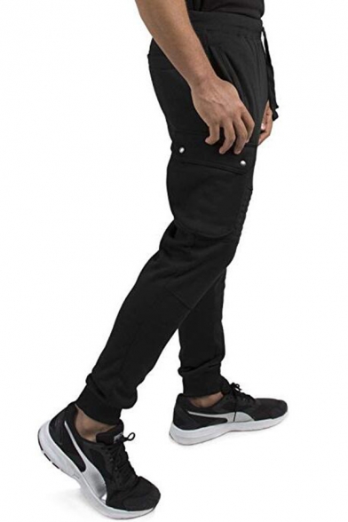Men's New Fashion Simple Plain Knee Pleated Flap Pockets Drawstring Waist Casual Cargo Sweatpants