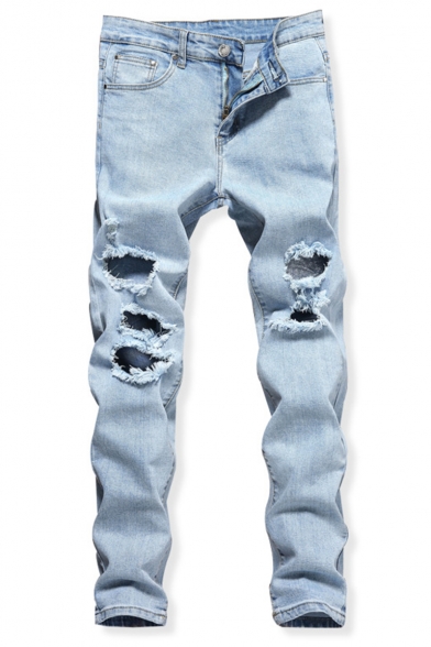 Men's New Fashion Simple Plain Light Blue Cool Distressed Ripped Jeans with Holes