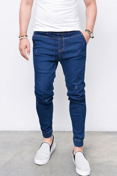Men's New Fashion Simple Plain Ripped Detail Drawstring Waist Elastic Cuffs Jeans