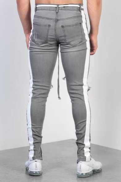 Men's New Fashion Zip Cuffs Knee Cut Ripped Slim Fit Grey Jeans