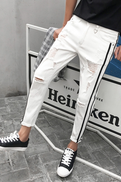 Men's New Stylish Contrast Stripe Side Knee Cut Rolled Cuffs Ripped Jeans