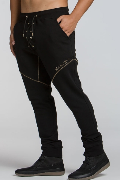 Men's New Stylish Letter Printed Crisscross Tied Design Black Casual Sweatpants