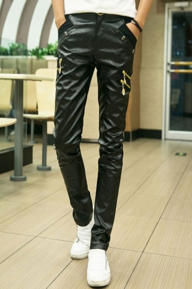 Men's New Stylish Solid Color Rivet Zipper Embellished Black PU Leather Biker Pants