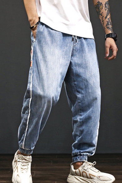 Men's Street Style Trendy Stripe Side Drawstring Waist Elastic Cuffs Light Blue Loose Tapered Jeans