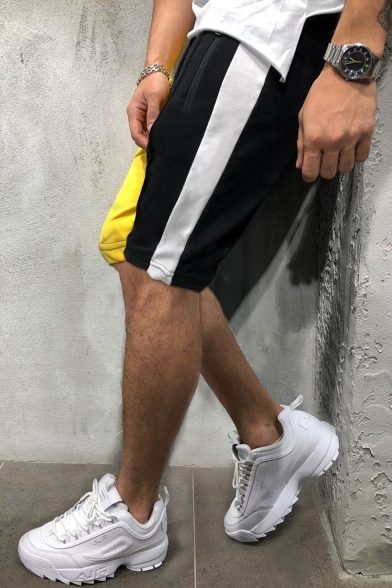 Men's Summer Hot Fashion Colorblock Zipped Pocket Drawstring Waist Slim Fit Casual Cotton Sweat Shorts