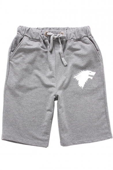 Men's Summer Hot Fashion Wolf Printed Drawstring Waist Cotton Blend Casual Sweat Shorts
