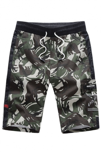 Men's Summer New Fashion Camouflage Printed Drawstring Waist Casual Active Shorts with Side Pocket
