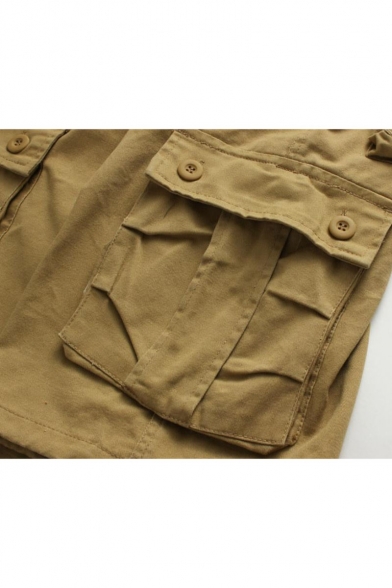Men's Summer New Fashion Solid Color Multi-pocket Design Ribbon Embellished Zip-fly Cargo Shorts