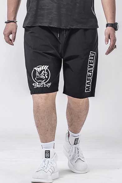 Men's Summer New Trendy Letter BAD BOY Figure Printed Drawstring Waist Black Sports Shorts