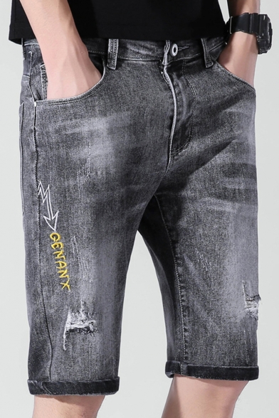 Men's Summer Trendy Letter Embroidery Grey Slim Fit Denim Shorts