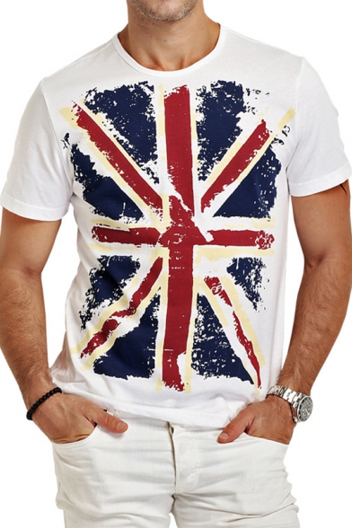Mens Fancy Simple Flag Printed Round Neck Short Sleeve White T-Shirt