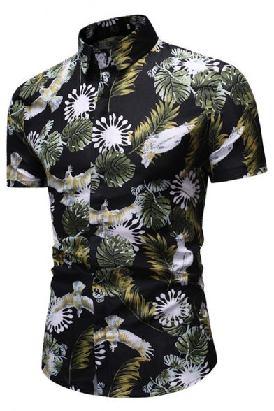 Mens Fashion Summer Green Leaf Printed Short Sleeve Button Front Slim Shirt