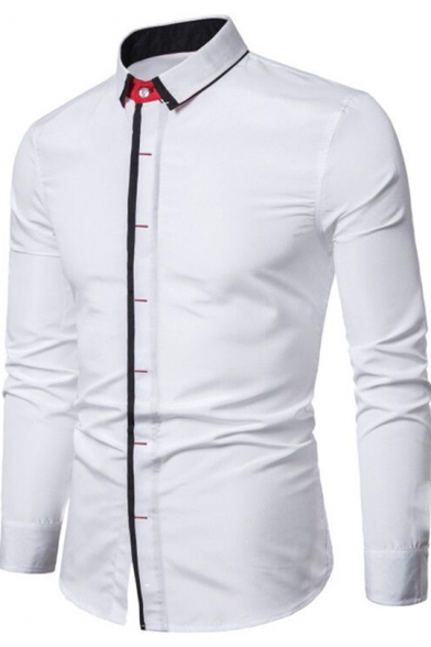Mens Hot Trendy Simple Solid Color Long Sleeve Slim Fit Business Button Up Shirt