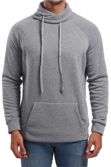 Mens Stylish Drawstring Funnel High Neck Long Sleeve Plain Slim Fit Sport Pullover Sweatshirt