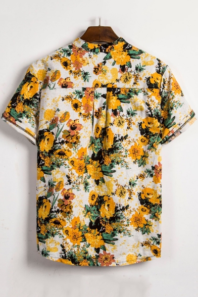 Mens Summer Chic Yellow Floral Printed Short Sleeve Loose Fit Shirt