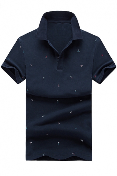 Mens Summer Trendy Allover Sailing Boat Print Short Sleeve Casual Polo Shirt