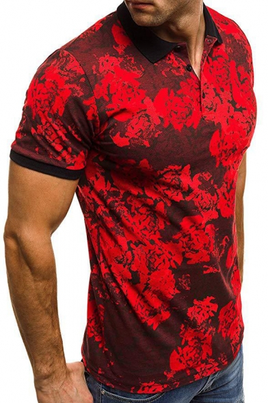 Mens Unique Camo Pattern Turn-Down Collar Short Sleeve Slim Polo Shirt