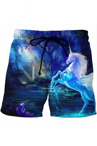 New Fashion Blue 3D Unicorn Printed Drawstring Waist Men's Summer Beach Swim Trunks