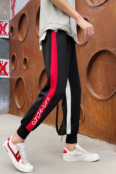 New Fashion Colorblock Stripe Side Letter Printed Relaxed Fit Men's Black Casual Tapered Pants