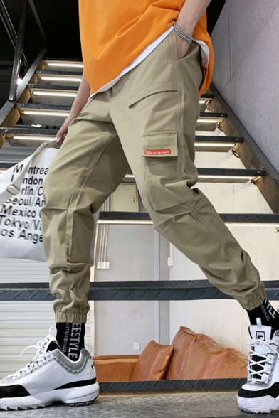 New Fashion Simple Plain Drawstring Waist Elastic Cuffs Men's Casual Retro Multi-pocket Cargo Pants