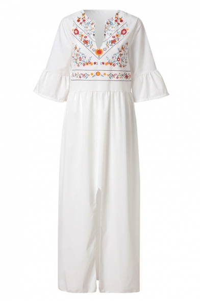New Fashion Tribal Floral Printed Bell Half Sleeve Split Front Maxi Boho Dress