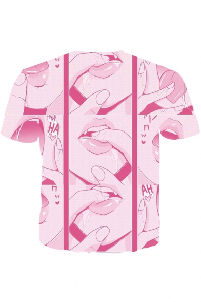 New Stylish Ahegao Comic Girl Tongue Printed Short Sleeve Pink T-Shirt