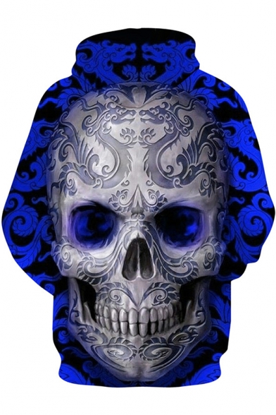 New Stylish Blue Floral Skull Pattern Long Sleeve Pullover Drawstring Hoodie