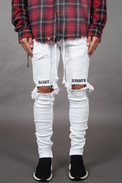 New Stylish Letter Embroidery Knee Cut Stripe Side Casual Ripped Skinny Jeans for Men