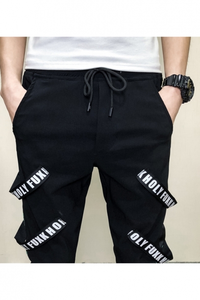 New Stylish Letter Ribbon Embellished Men's Black Cotton Casual Slim Pencil Pants