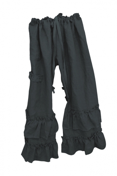 New Stylish Plain Drawstring Waist Pocket Side Layer Ruffle Hem Wide Leg Loose Pants