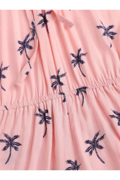 Pink Palm tree Print Halter Neck Elastic Waist Ruffle Hem Holiday Rompers For Women