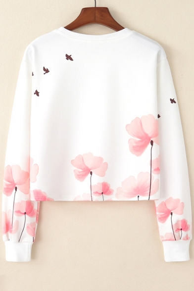 Simple Floral Bird Printed Round Neck Long Sleeve White Crop Sweatshirt