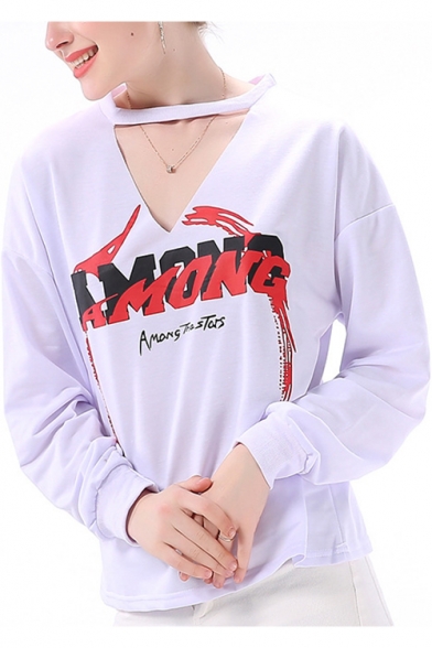 Simple Letter AMONG Print V-Neck Long Sleeve Casual Pullover Sweatshirt