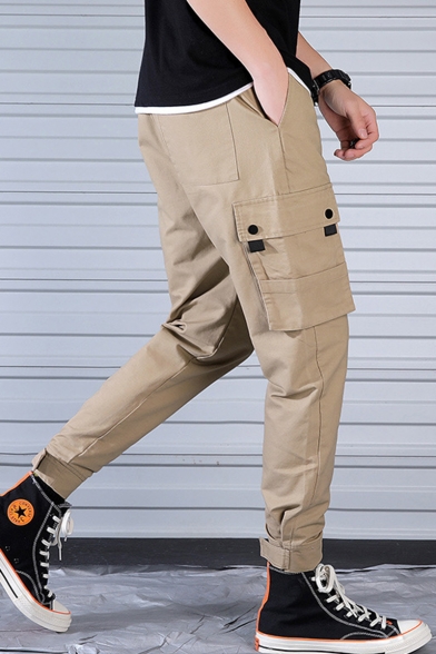 Street Style Flap Pocket Drawstring Waist Solid Color Slim Cut Men's Fashion Cotton Cargo Pants