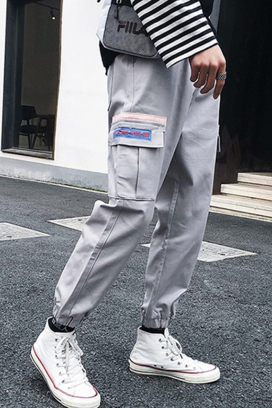 Street Style New Fashion Letter Patch Flap Pocket Elastic Cuffs Drawstring Waist Cotton Casual Cargo Pants