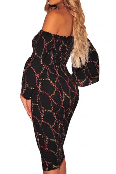Stylish Hot Sexy Off Shoulder Long Sleeves Chain Print Black Fitted Midi Dress for Nightclub