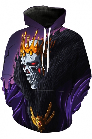 Stylish Unique Cool Crown Skull Printed Purple Loose Fit Hoodie