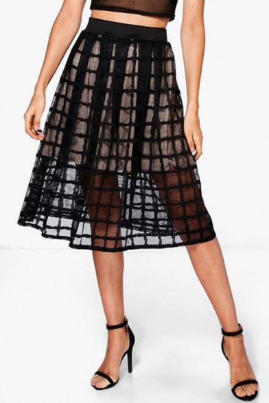 Summer Chic Hot Fashion High Waist Sheer Mesh Lace A-Line Midi Skirt